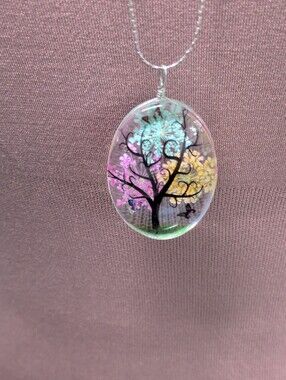 Long Silver-Tone Colorful "Tree of Life" Cabochon Statement Necklace